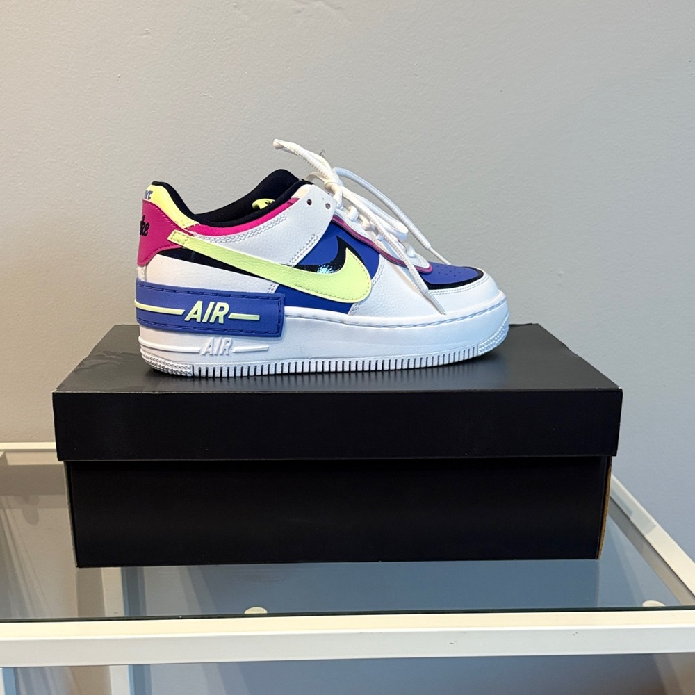 Nike Air Force 1 Shadow White and Blue with Pink and Yellow Accents